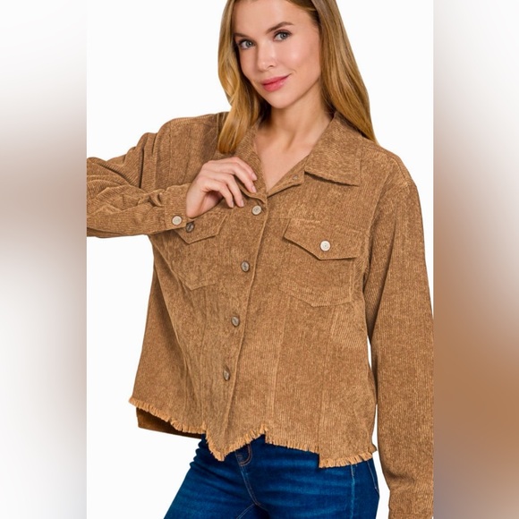 🩵Hello Gorgeous! Distressed Corduroy Frayed Hem Cropped Jacket - Dark Camel - Picture 2 of 7